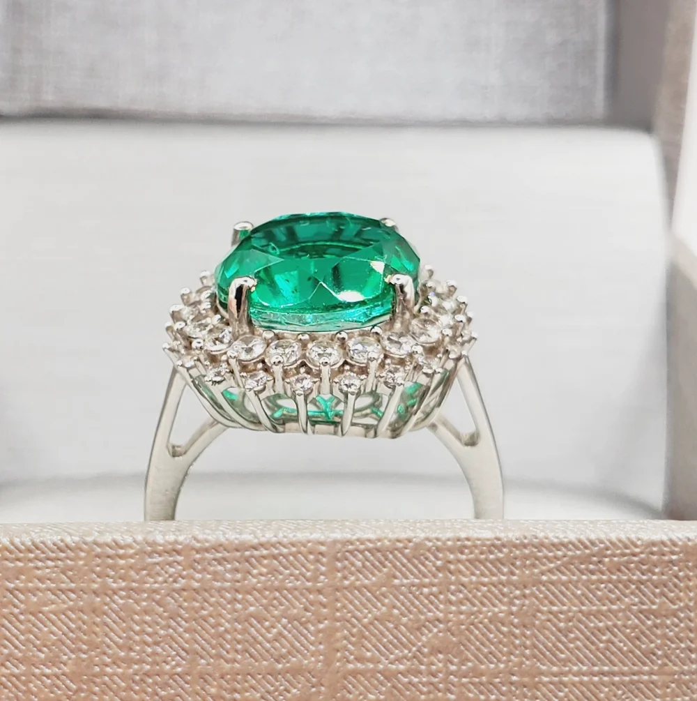 Emerald Green Quartz & White Zircon Sunburst Halo Ring Platinum Over Silver